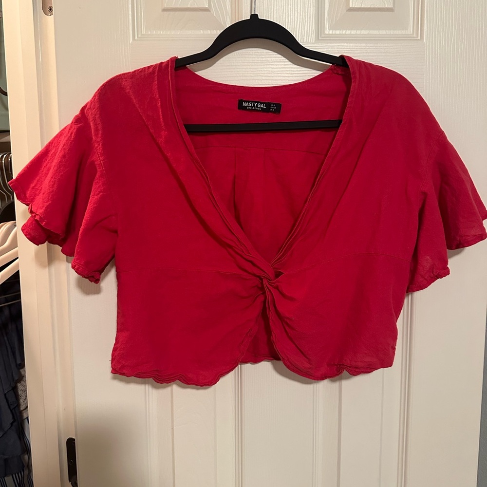Nasty Gal Red Flutter Sleeve Crop Blouse